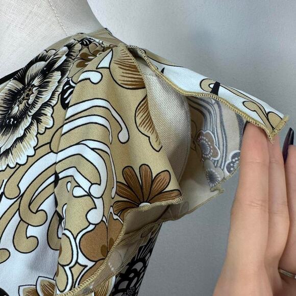 Y2K Brown Floral Faux Wrap Top Retro Boho Print Short Sleeve O-Ring Medium - Picture 3 of 7